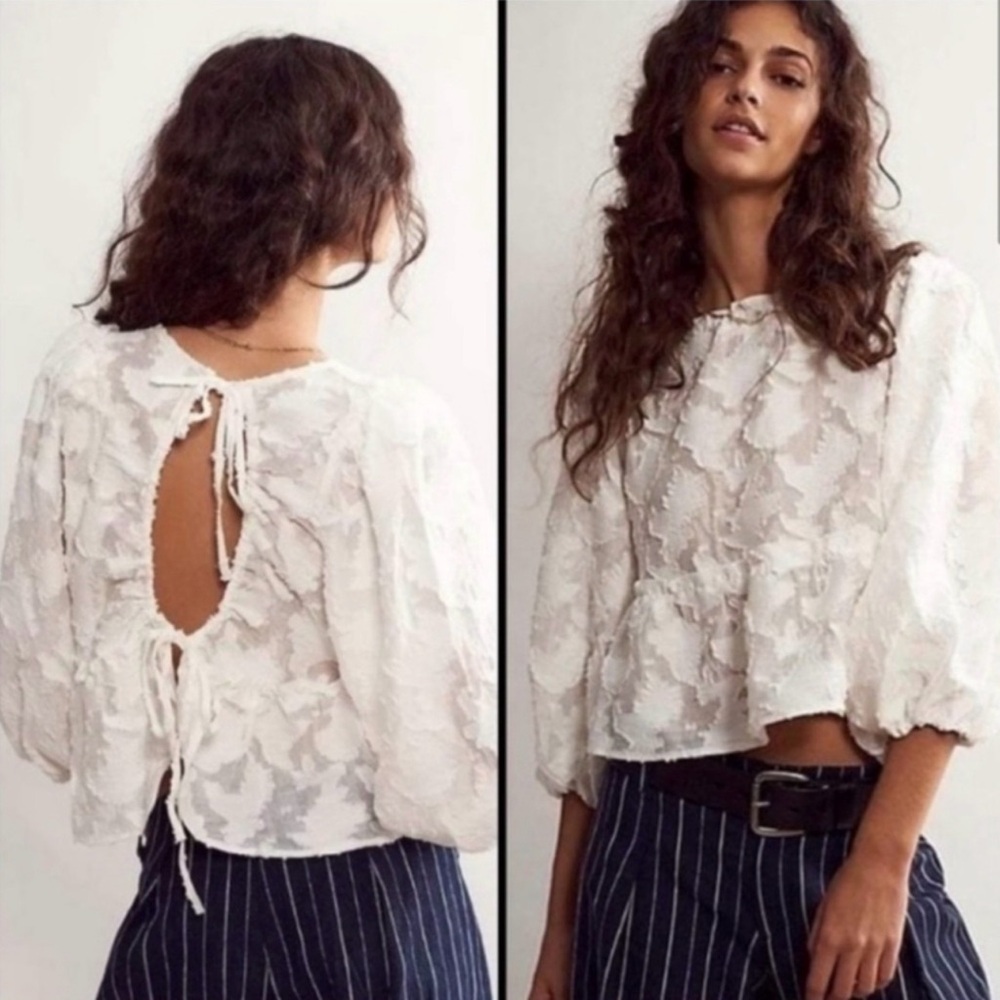 NEW Free People Callie Puff Sleeve Appliqué Blouse White Cottagecore Size Medium